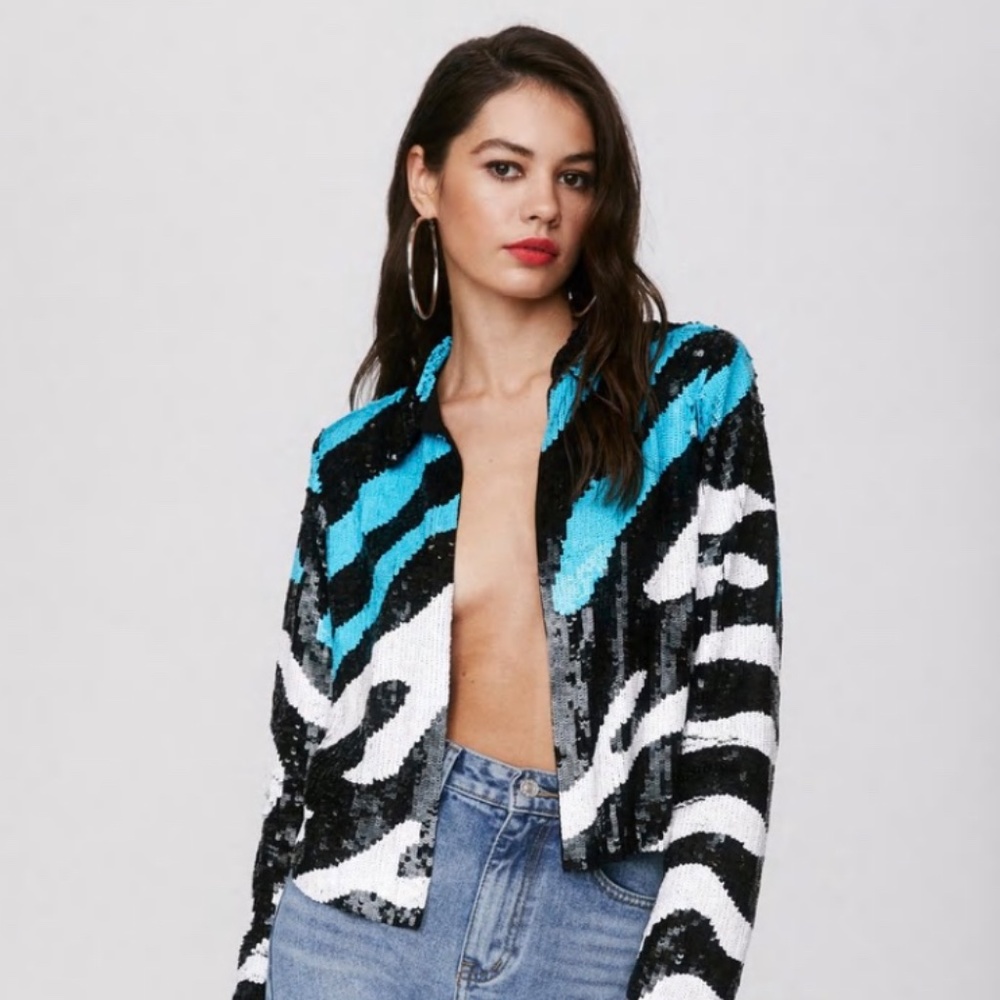 NASTY GAL- Blue & White Zebra print sequin mesh jacket
